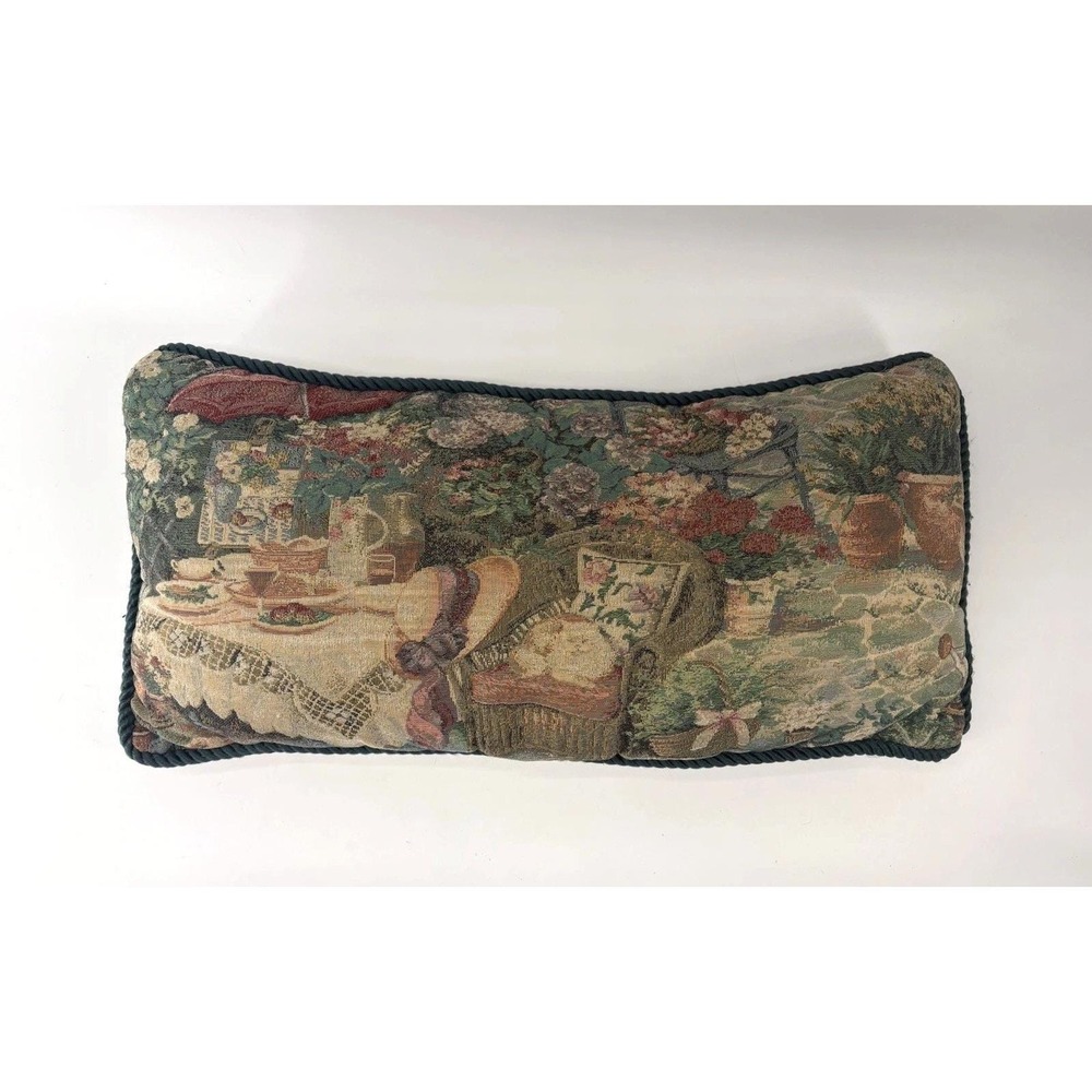 Vintage Newport Needlepoint Pillow Garden Tea Cottage Cat Tapestry 24x12 Lumbar